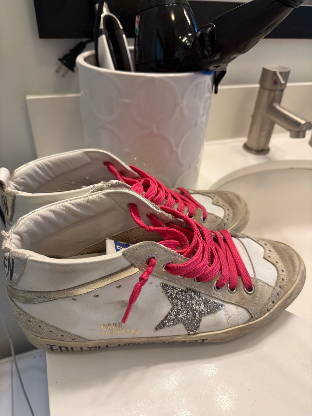 Golden Goose White Sneakers With Silver Glitter Star And Pink Laces